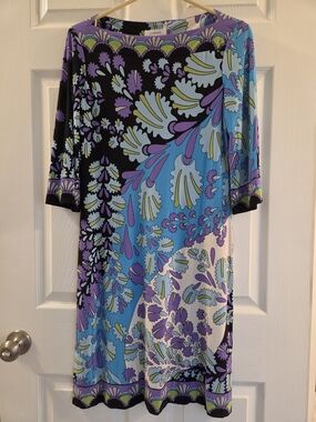 dressbarn Multicolor Abstract Floral Shift Dress — Purple, Blue & Black Accents